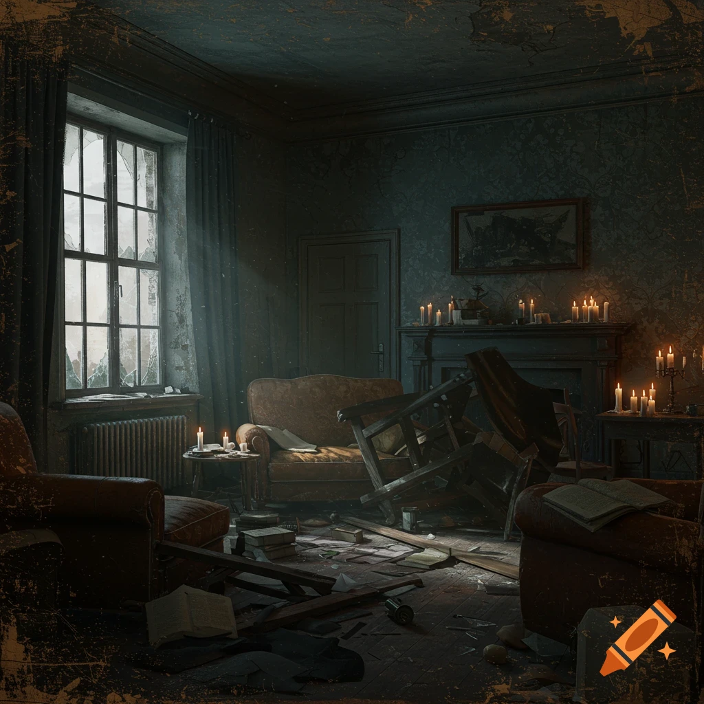 A dark, ransacked room with broken furniture, debris on the floor, and lit candles.