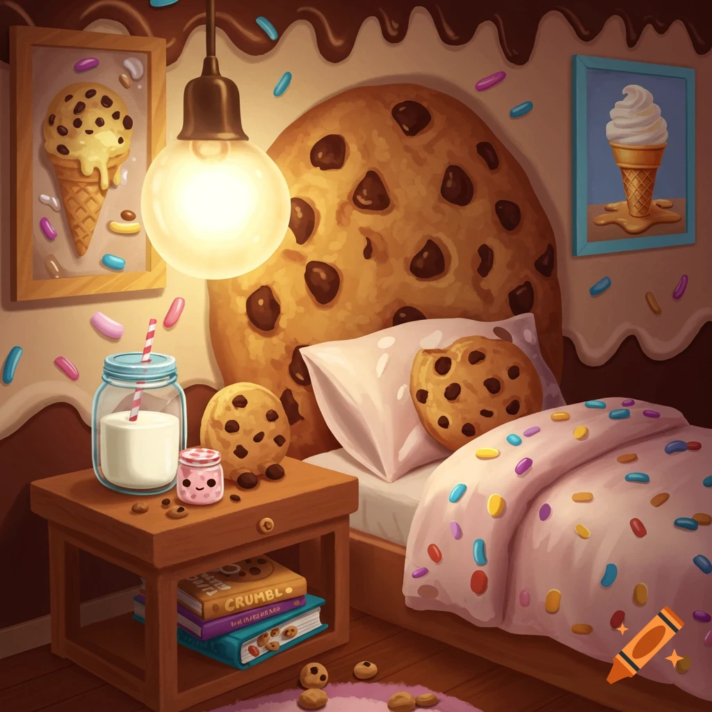 A whimsical bedroom themed like chocolate chip cookies with a giant cookie headboard, milk, and books.