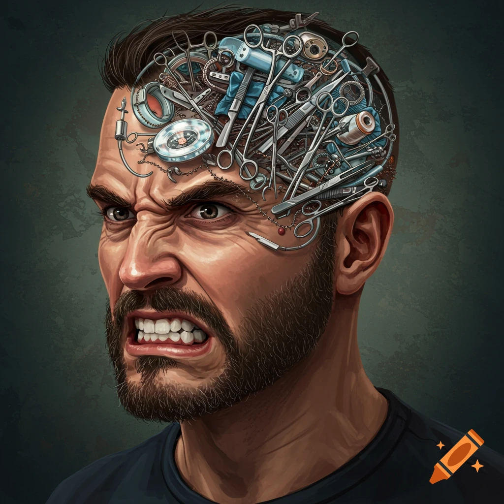 An angry man whose head is filled with surgical equipment.