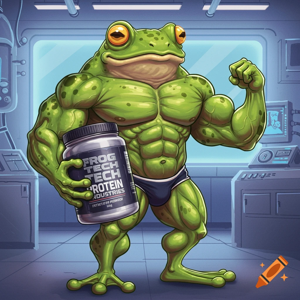 A muscular green frog flexing while holding a protein powder container in a lab. Illustration.
