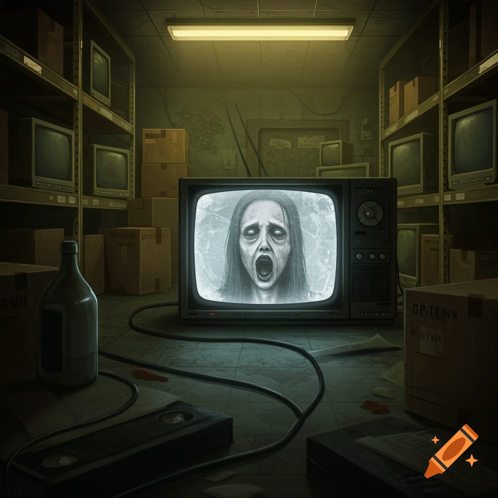 A pale, eyeless face screaming on an old TV in a dusty storage room with boxes and VHS tapes.