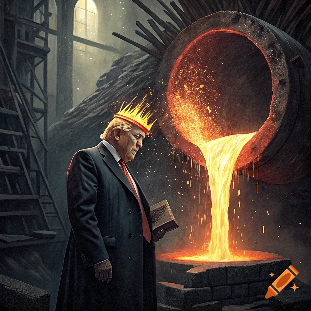 Donald Trump wears a crown and holds a book as molten metal is poured on his head from a crucible in a dark building. Stylized image.