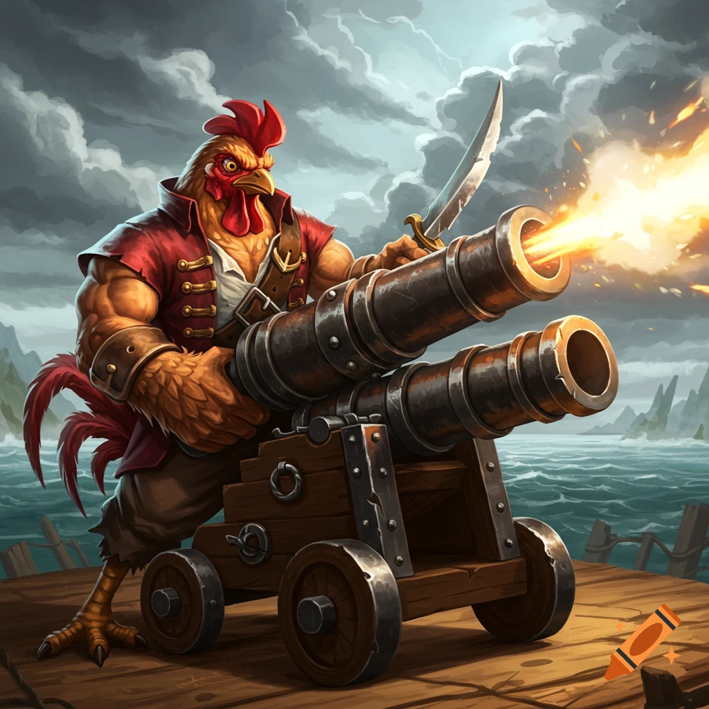 Muscular chicken pirate fires a cannon from a wooden deck over the ocean.