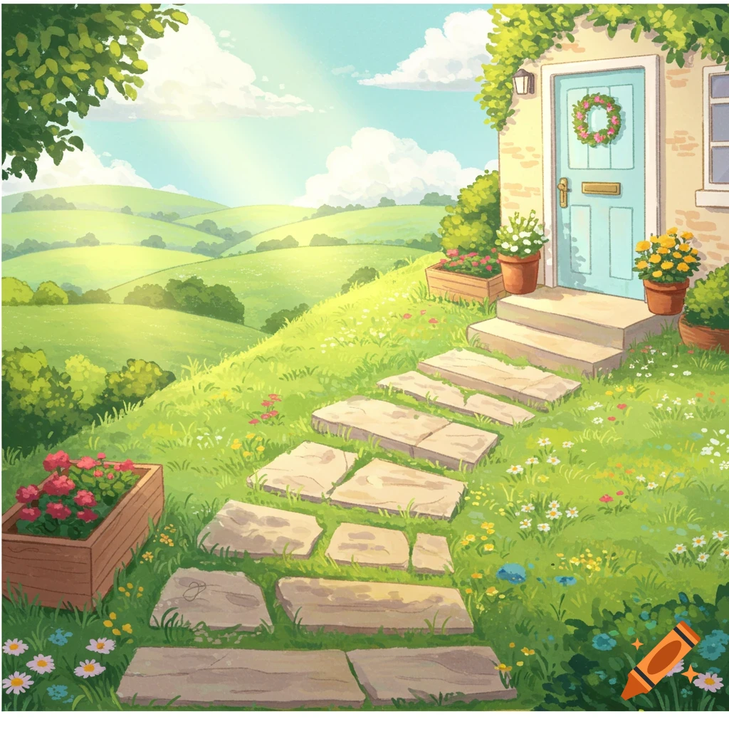 A stone path leads up a grassy hill to a blue front door surrounded by flowers under a sunny sky.