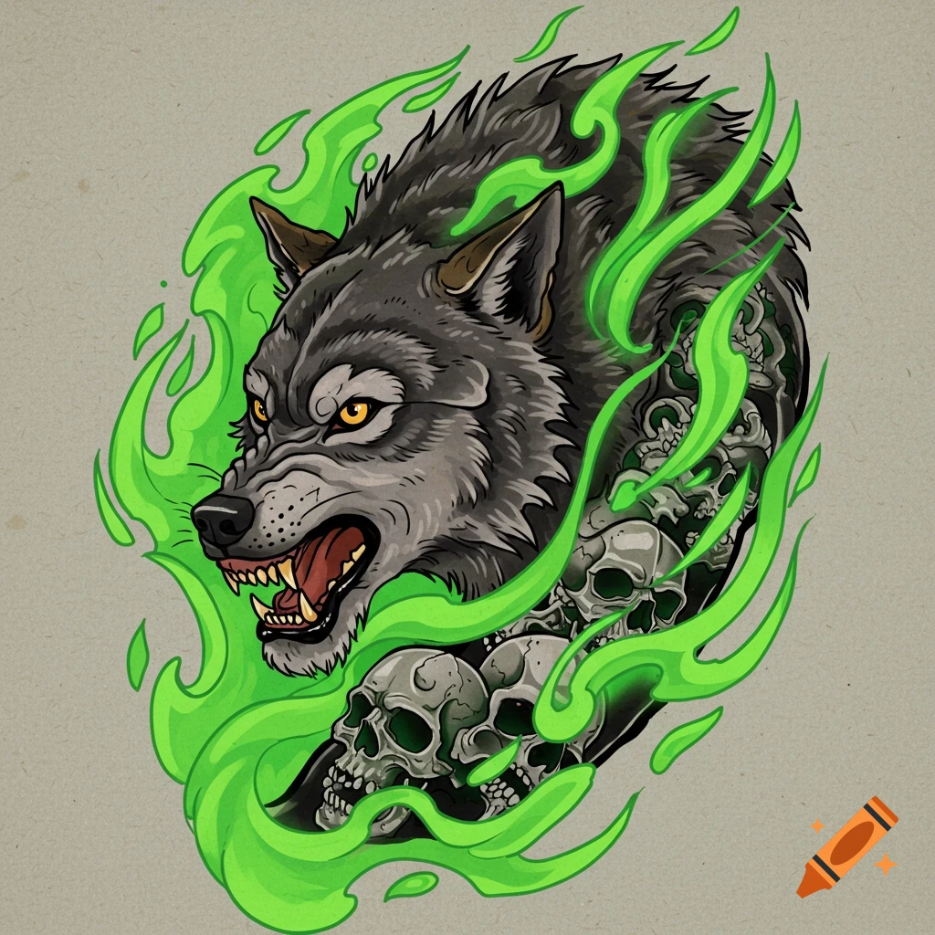 Stylized illustration of a snarling gray wolf head with yellow eyes, surrounded by green flames and skulls in a neotraditional tattoo style.