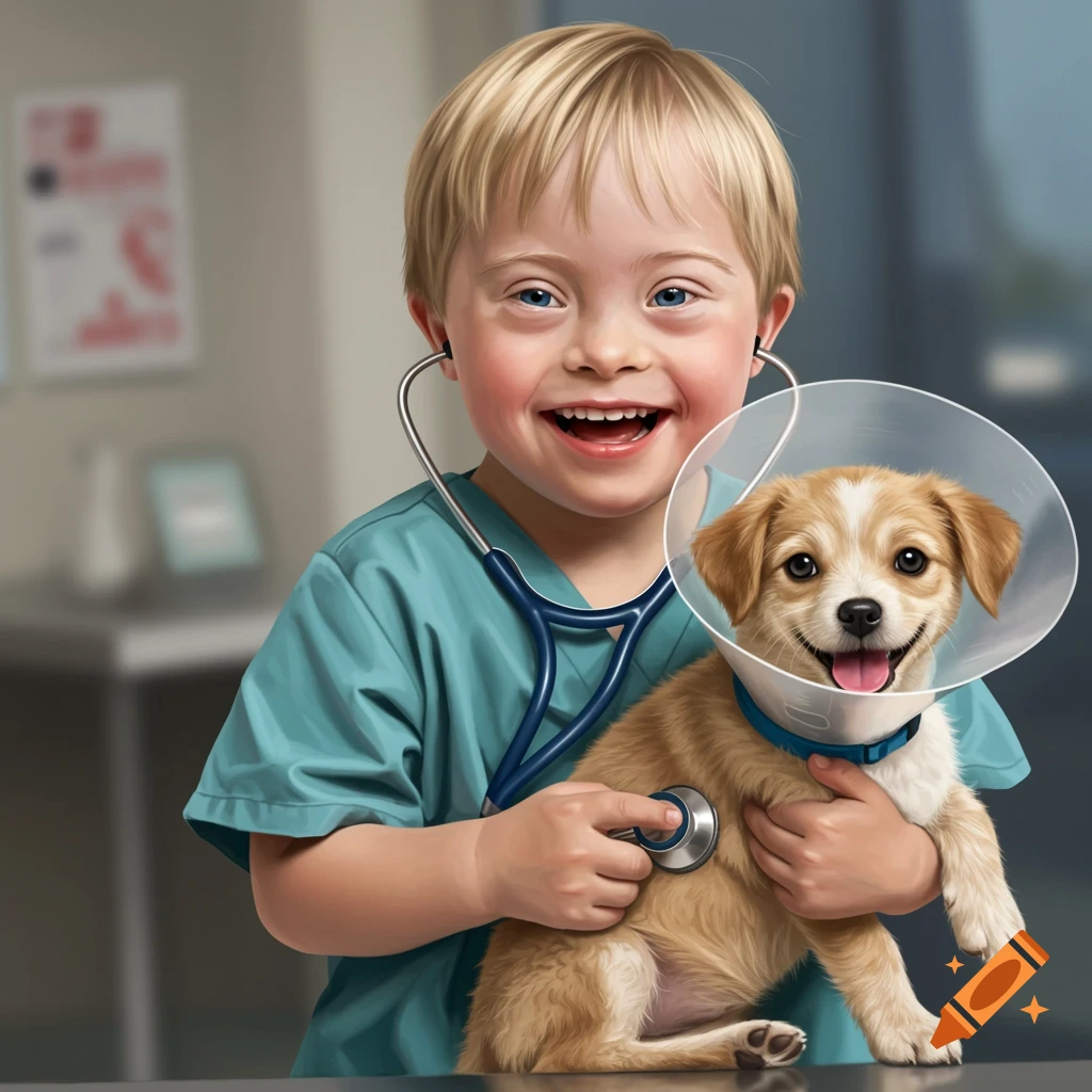 A young boy in blue scrubs holds a puppy wearing a cone, using a stethoscope on it.