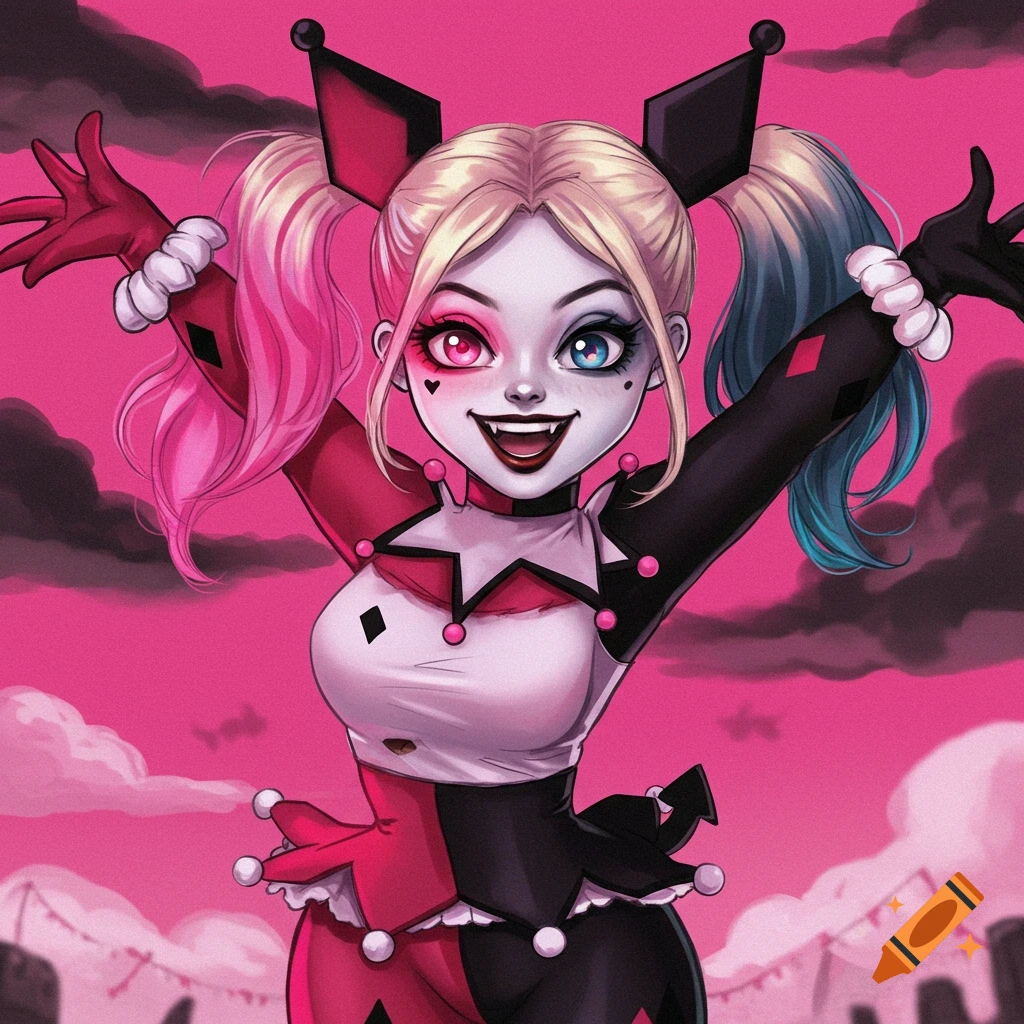 A stylized image of a character resembling Harley Quinn with pink and blue pigtails and asymmetrical eyes, dressed in red and black, smiling widely with arms outstretched in front of a pink sky with clouds and carnival tents.