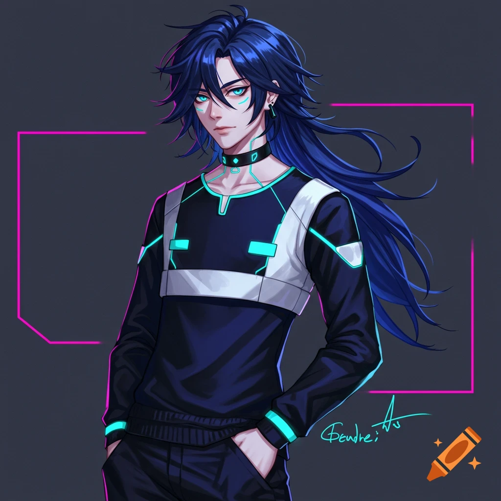 An anime-style person with long blue hair and a futuristic outfit stands against a dark background with neon lines.