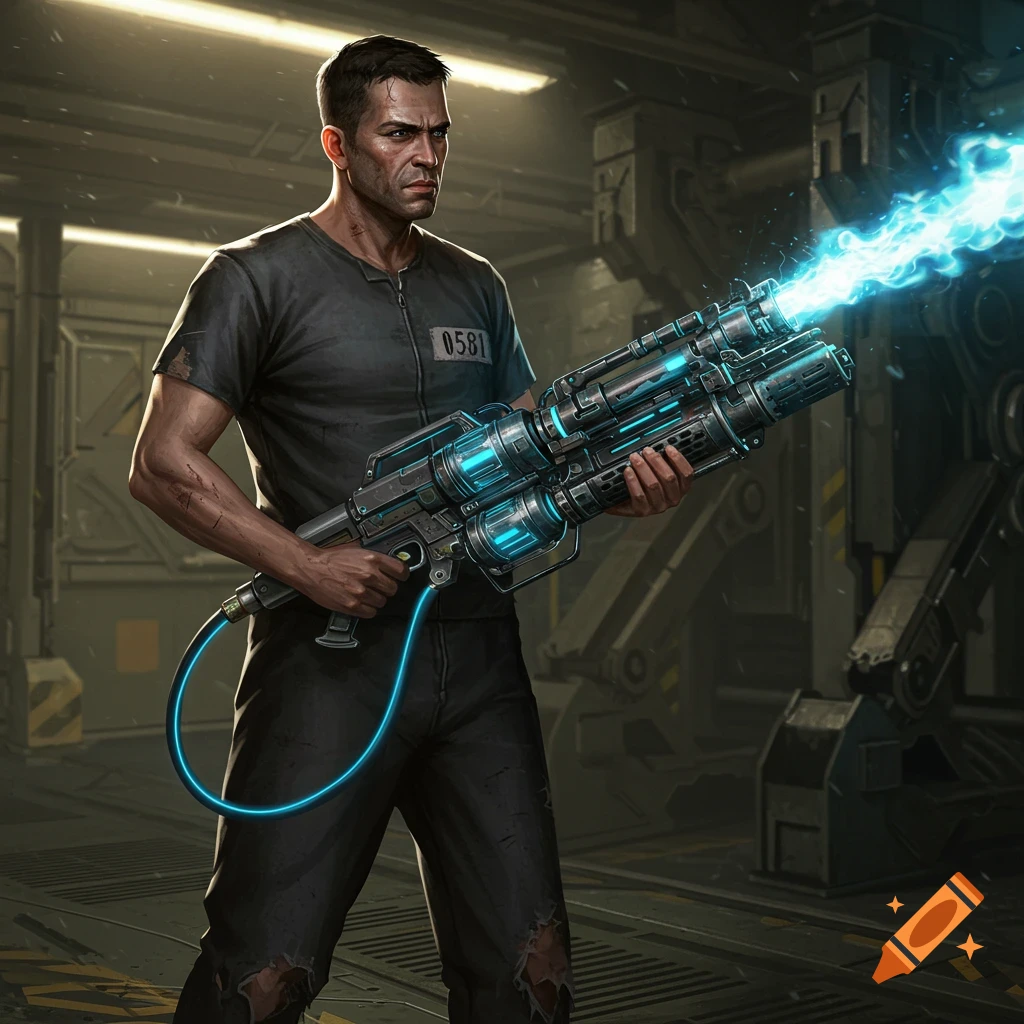 Sci-fi image of a man in a prison jumpsuit holding a futuristic energy weapon.