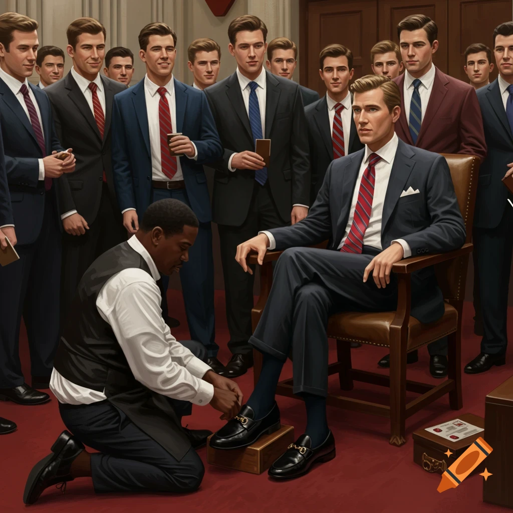 A man in a suit is seated in a chair, getting his shoes shined by another man while other men in suits stand around.