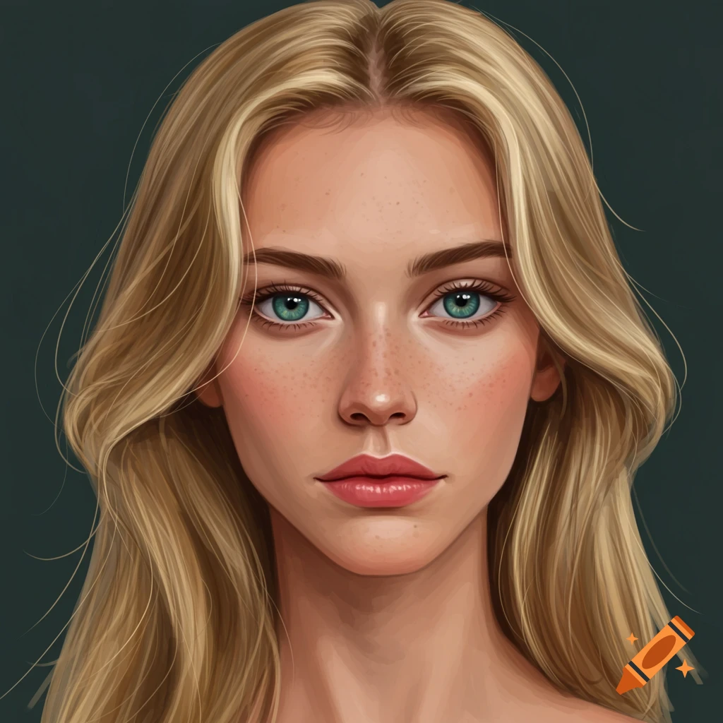 Close-up of a young woman with blonde hair, blue-green eyes, and freckles.