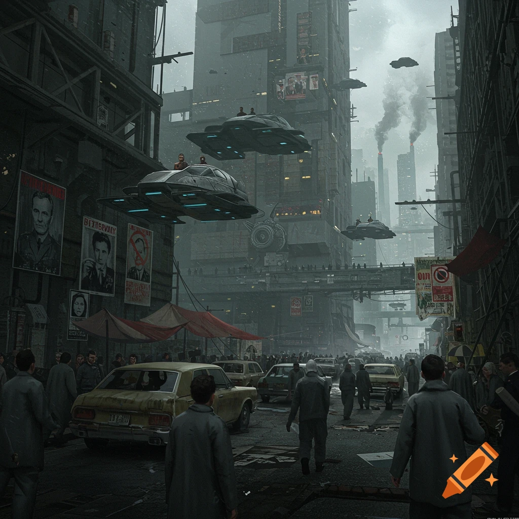 Dystopian cityscape with flying vehicles, classic cars, and pedestrians on a street.