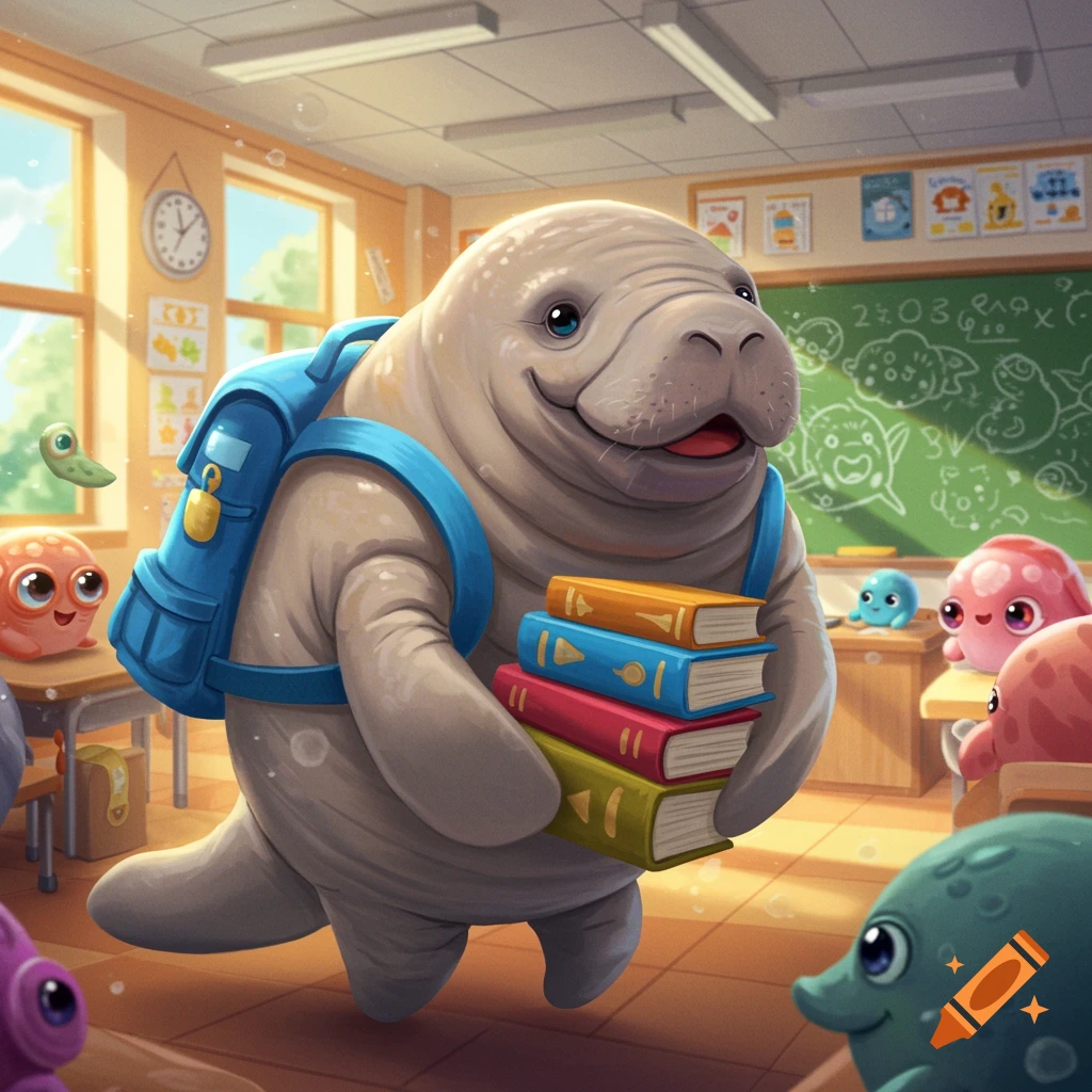 Cartoon of a manatee with a backpack and books in a classroom with other sea creatures.