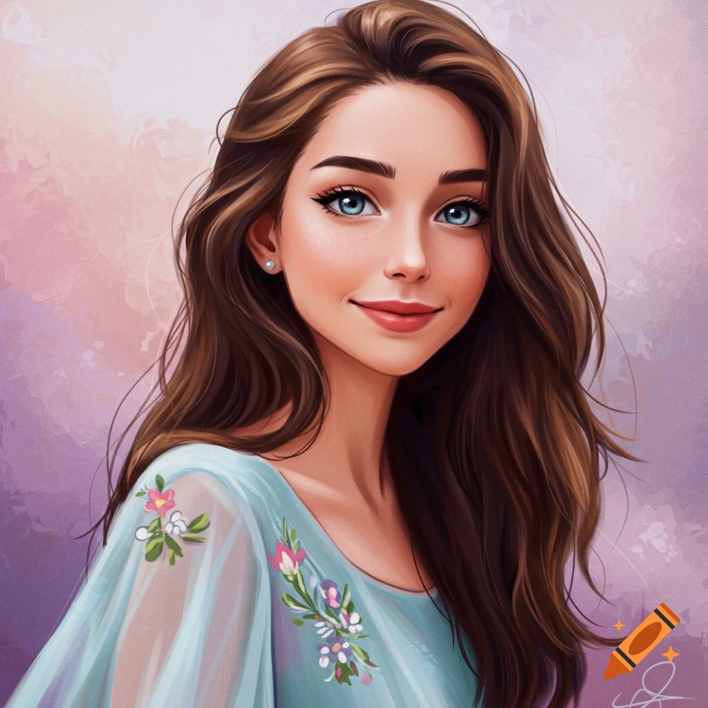 A portrait of a young woman with long brown hair and blue eyes wearing a blue dress.