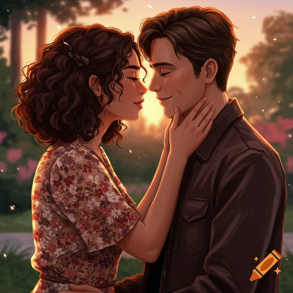A couple embracing at sunset in a garden.