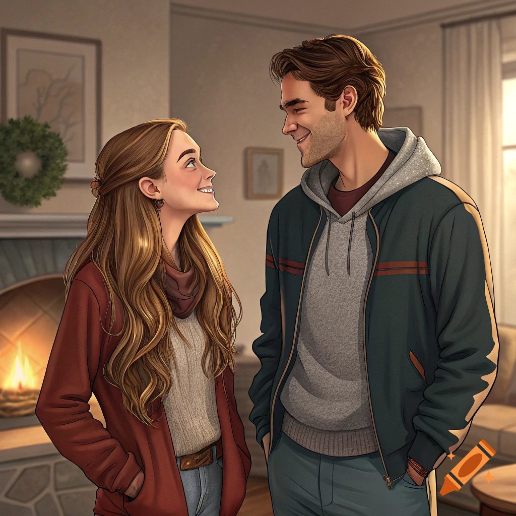 An illustration of a young man and woman smiling at each other in a cozy room with a fireplace.