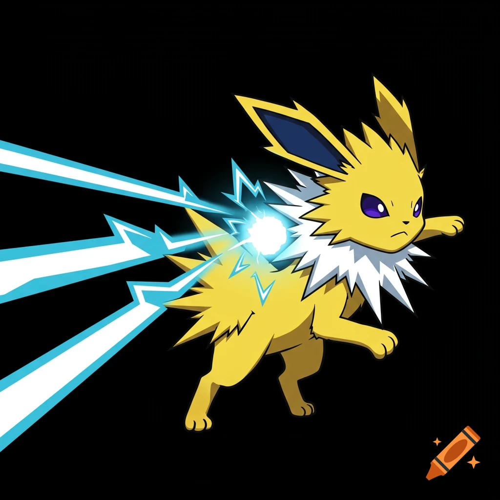 Jolteon, a yellow quadruped pokemon, attacks with a burst of lightning in a vector graphic style.