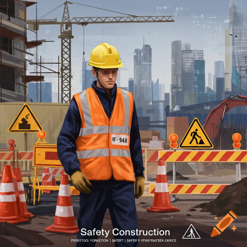 A construction worker is shown wearing a safety vest and a hard hat at a construction site.
