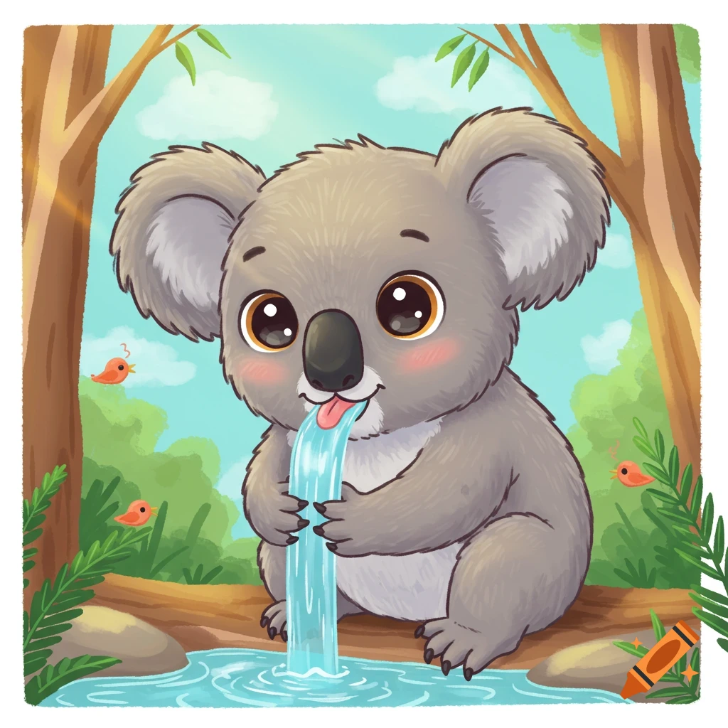 A cute cartoon koala sits by a stream in a forest, drinking water.