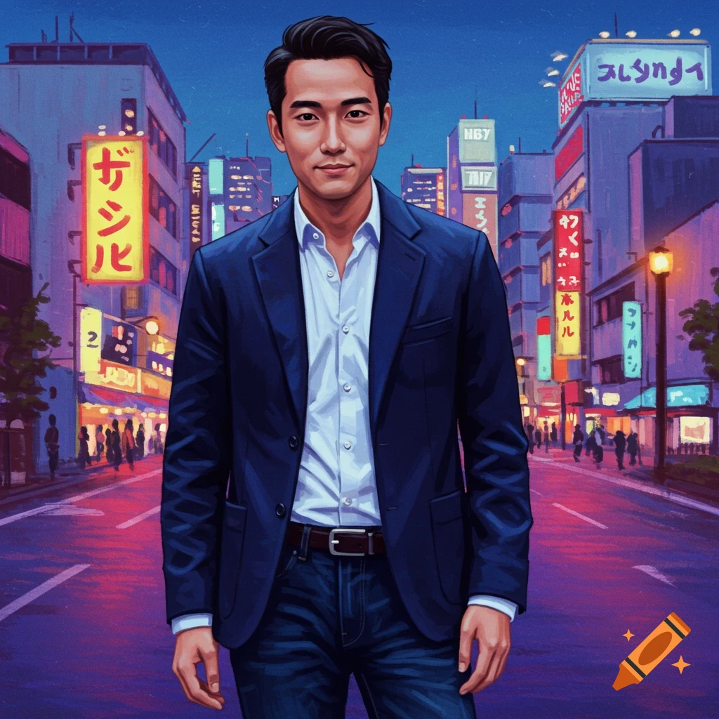 Man in suit on neon-lit Tokyo street at night