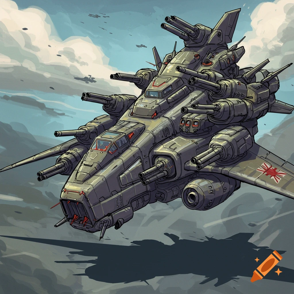 A heavily armed sci-fi war plane flying through cloudy skies.