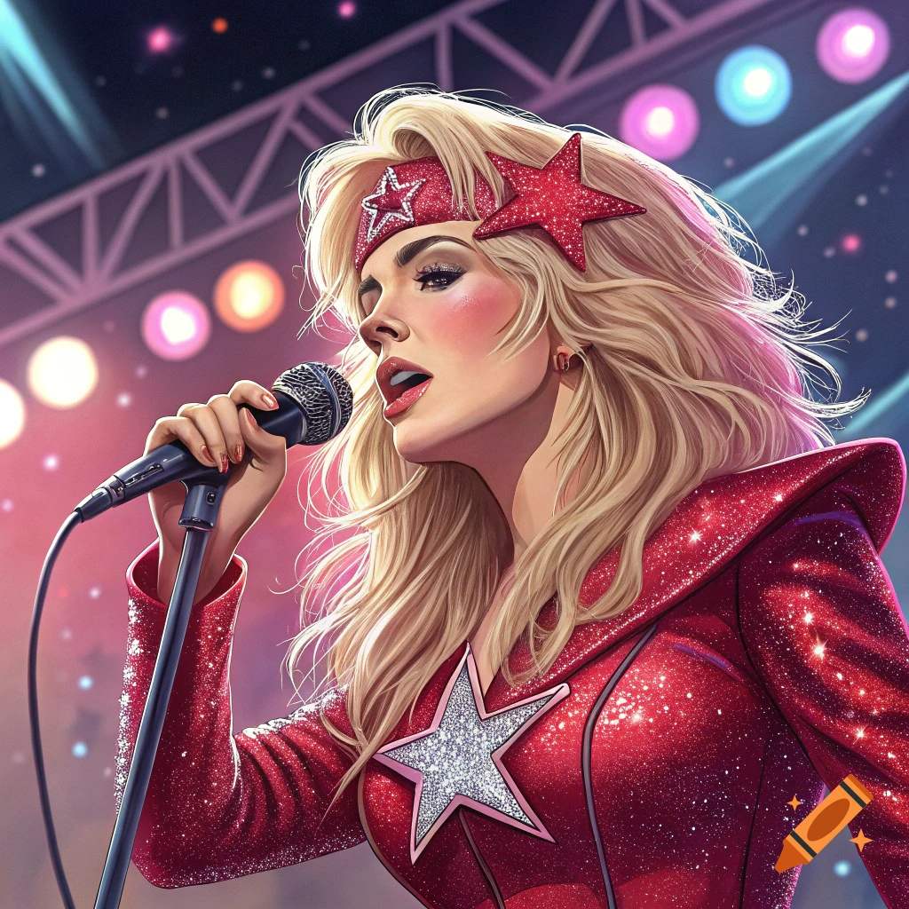 A woman in a sparkly red costume with stars sings into a microphone on a stage.