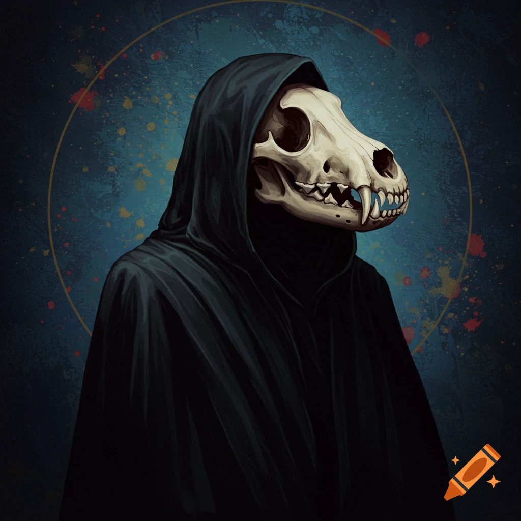 A cloaked figure wearing an animal skull mask against a dark, speckled background.