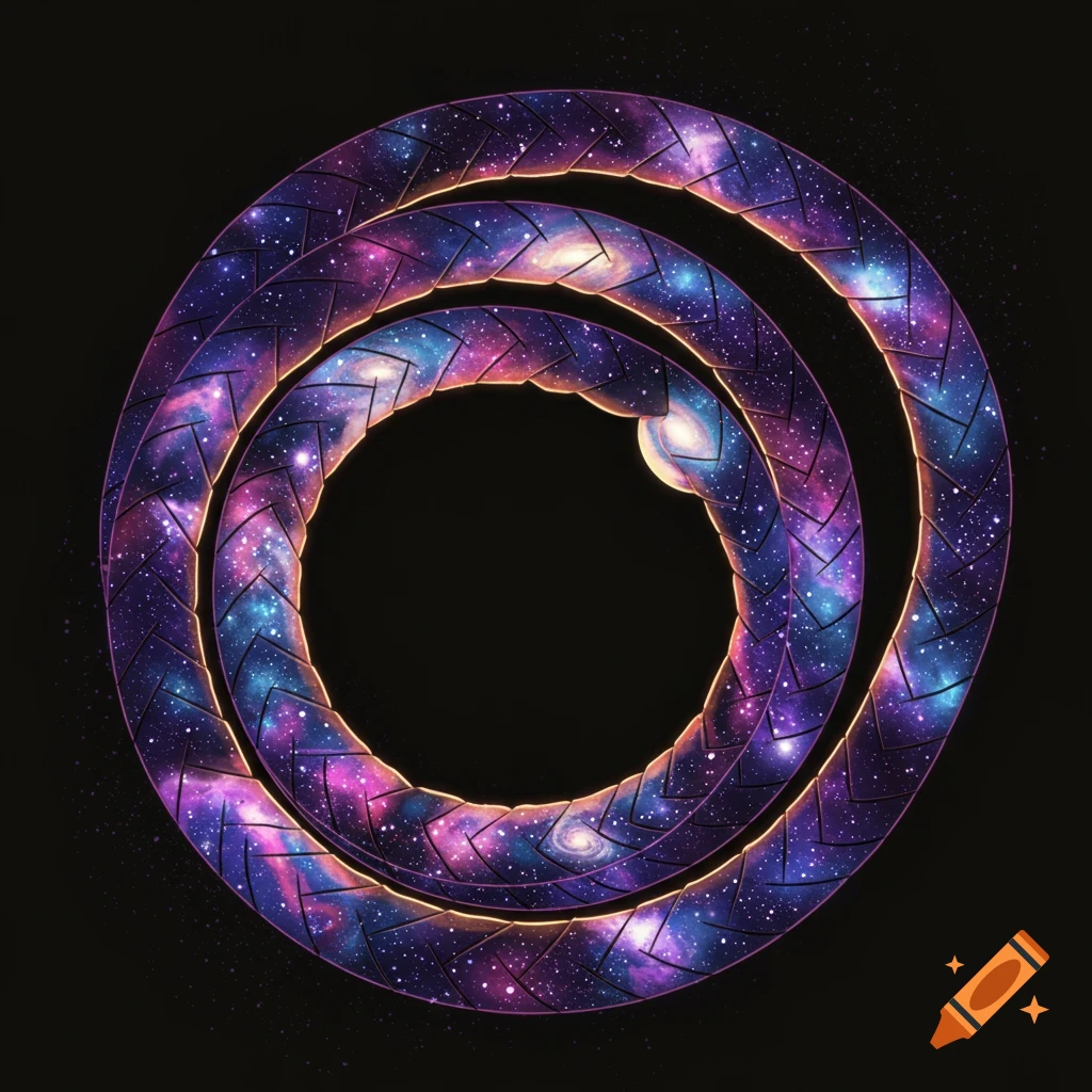 A glowing coiled braid filled with stars and galaxies against a dark background.