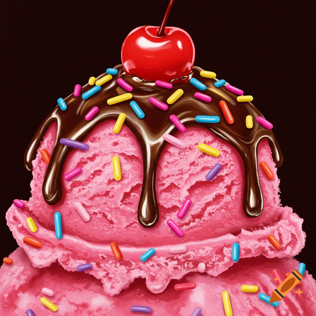Close-up of pink ice cream with chocolate syrup, colorful sprinkles, and a cherry on top.