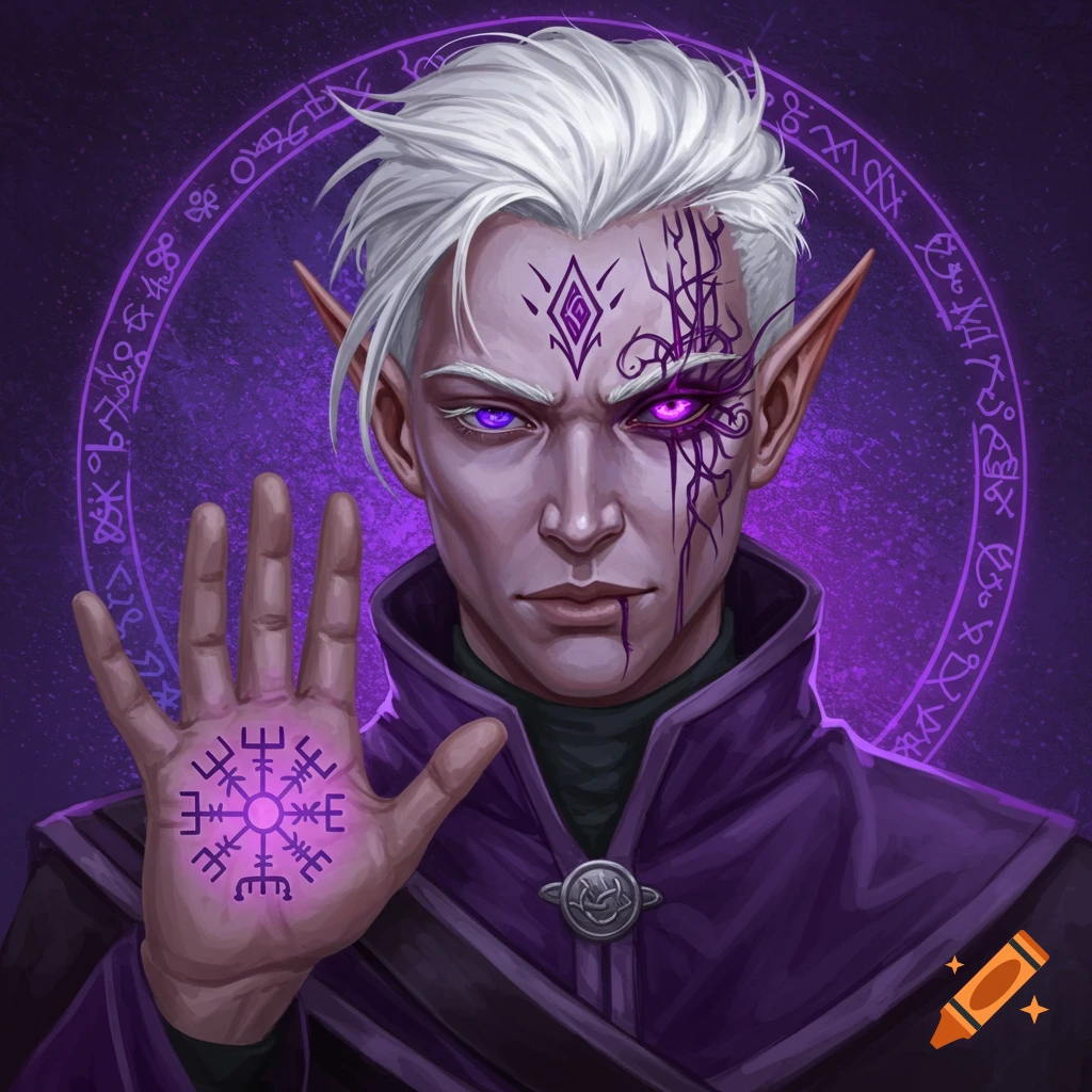A half-elf with white hair, purple eyes, facial markings, and a glowing runic symbol on his hand, set against a purple background with mystical symbols.