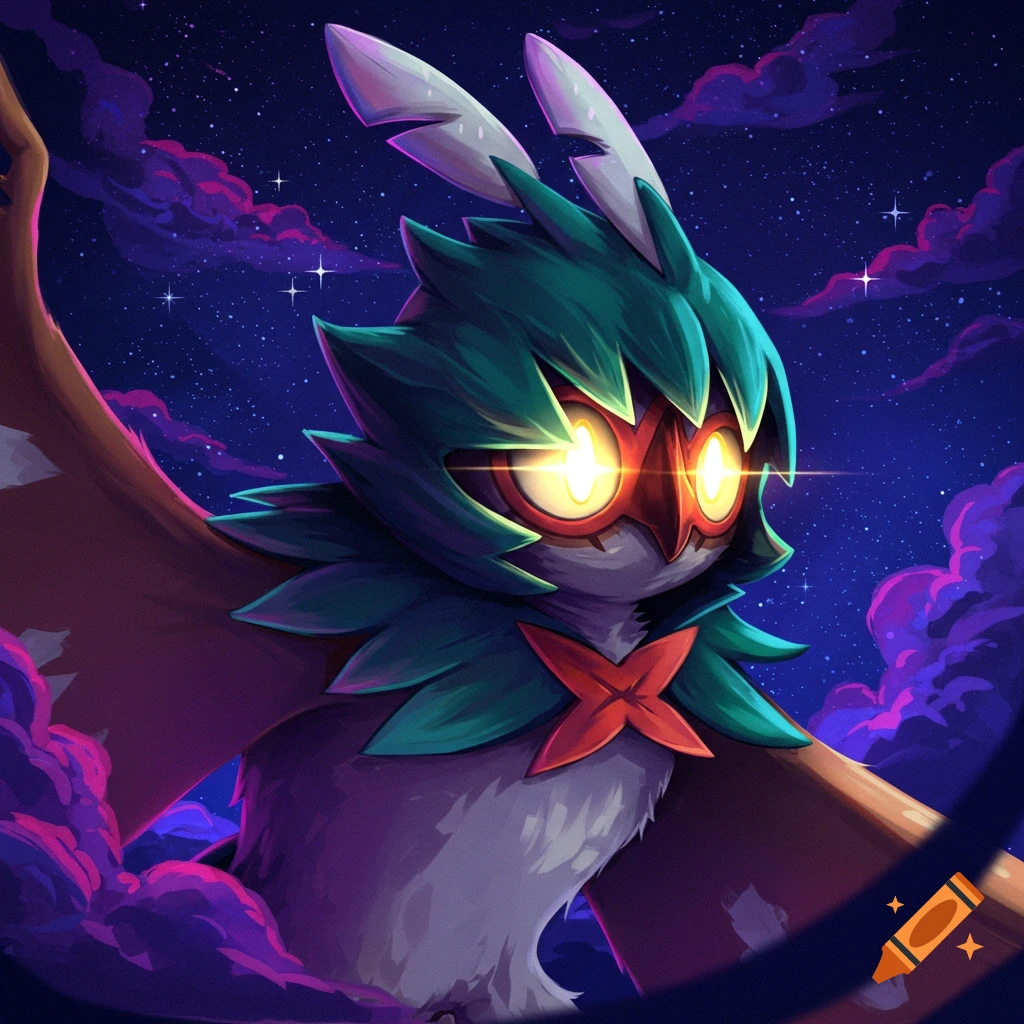 A creature resembling Decidueye with glowing eyes stands against a starry night sky.