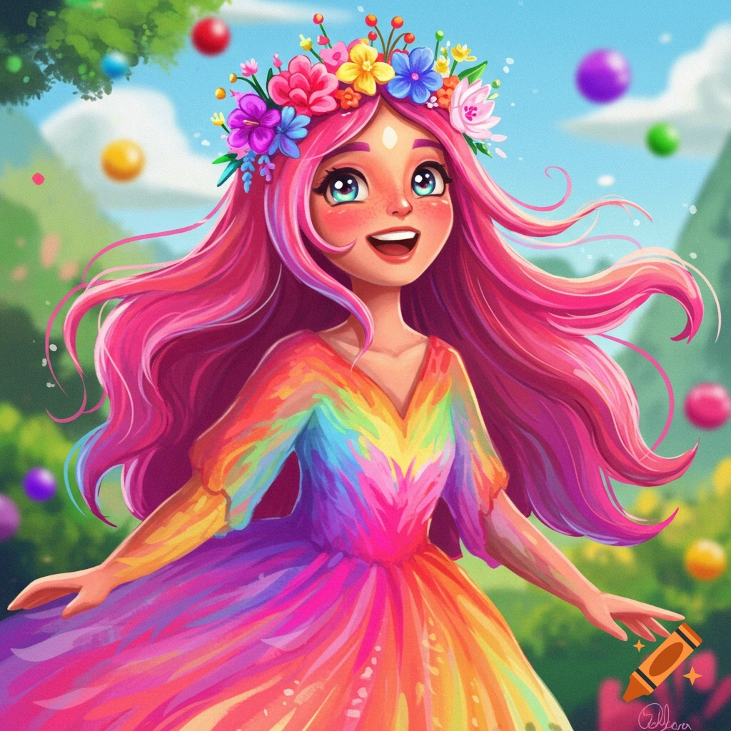 Digital illustration of a girl with pink hair and a rainbow dress, wearing a flower crown in a colorful outdoor setting.