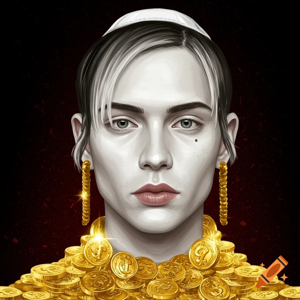 Portrait of a person covered in gold coins, wearing gold earrings and a white cap.