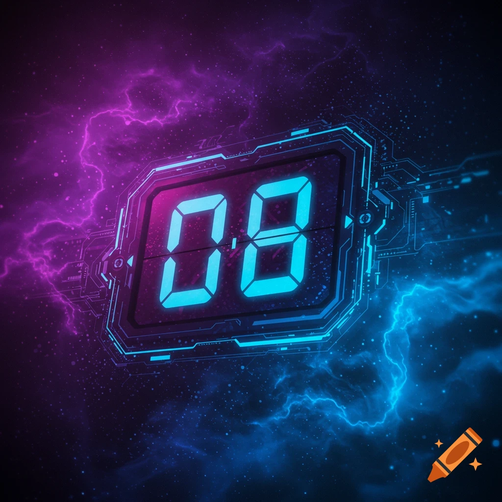 A digital display showing 08 surrounded by glowing circuitry and lightning in space.