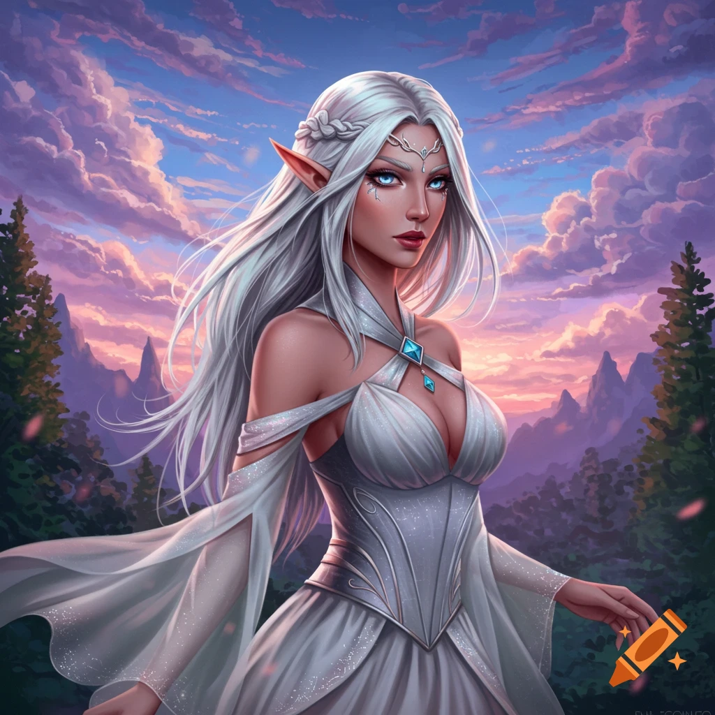 A white-haired elf woman in a white dress stands against a sunset sky and mountains.