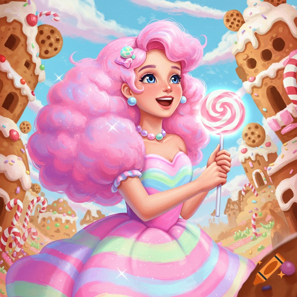 A girl with pink cotton candy hair and rainbow dress holds a lollipop in a whimsical candy land.