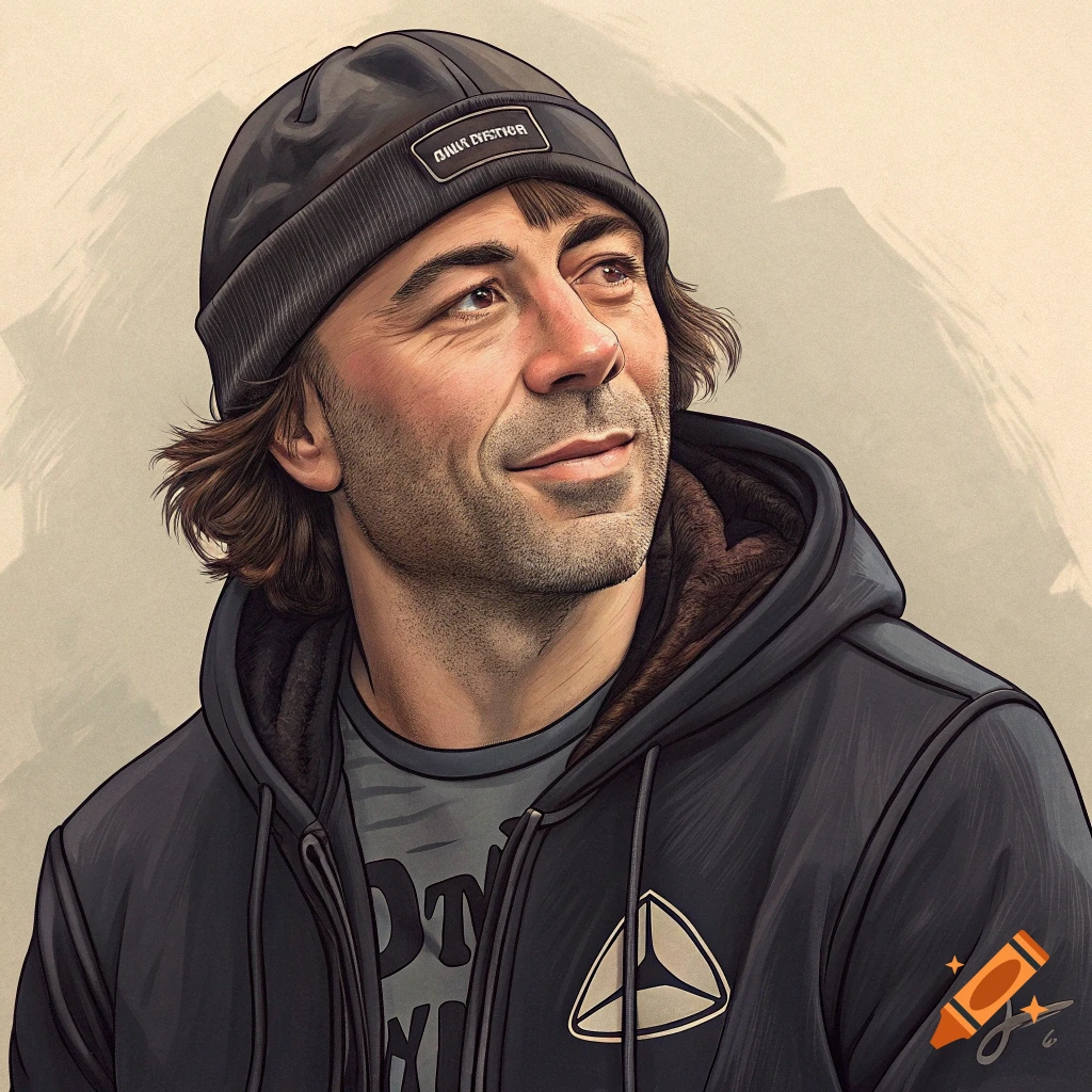 Digital illustration portrait of a man with a beanie and hoodie, looking up.