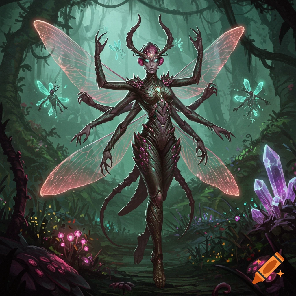 A multi-limbed insectoid-humanoid alien with glowing eyes stands in a bioluminescent alien jungle.