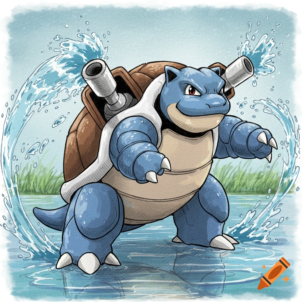 Blastoise using water cannons in a cartoon style