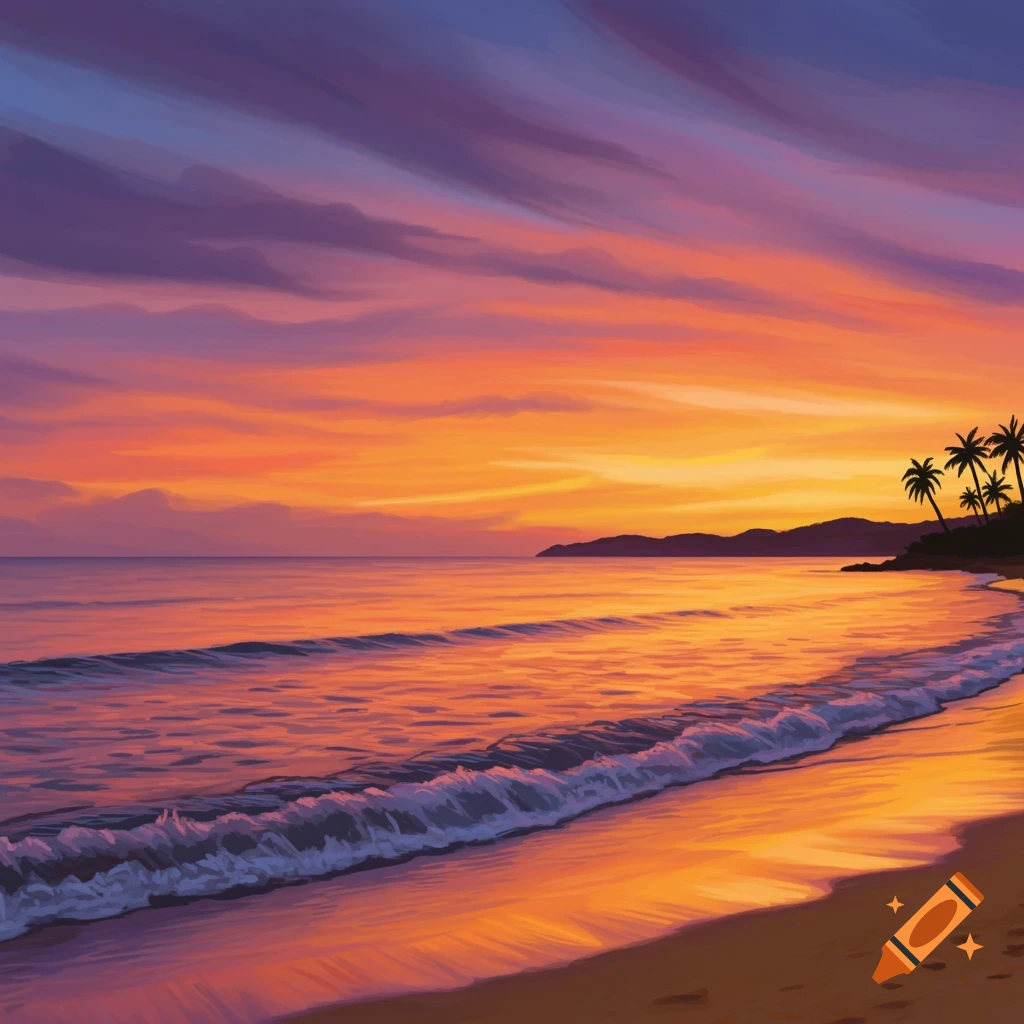 Beach sunset with vibrant orange and pink sky, palm trees silhouetted, and waves on the shore.