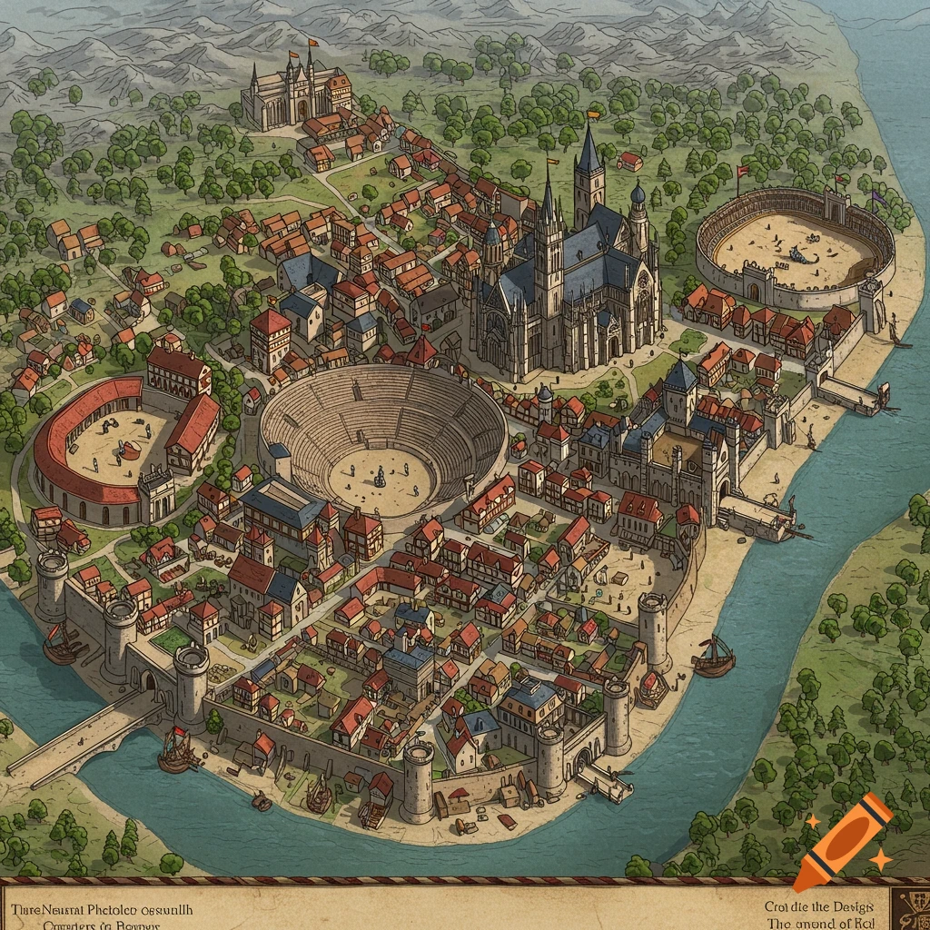 An isometric illustration resembling a map of a medieval city with a cathedral, arenas, walls, and houses on an island.