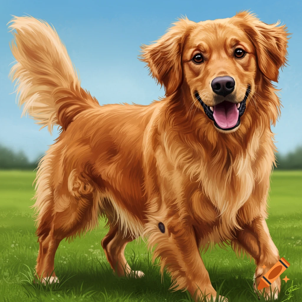 A happy Golden Retriever dog standing in a grassy field.