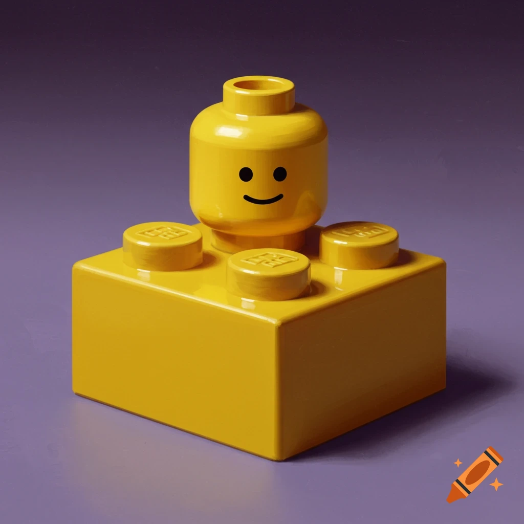 A yellow Lego block with a yellow Lego head on top against a purple background.