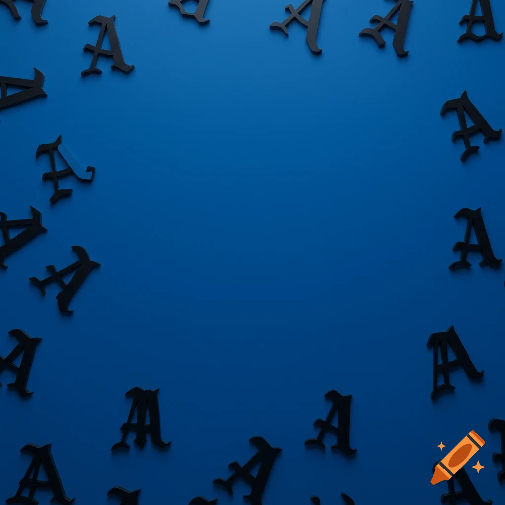 Multiple black gothic style 'A' letters are scattered around the edges of a dark blue background, leaving the center clear.