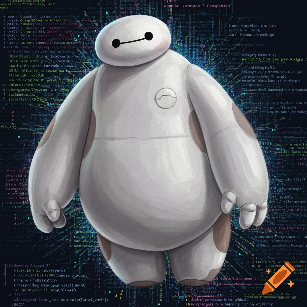 Baymax standing against a dark background of coding text.