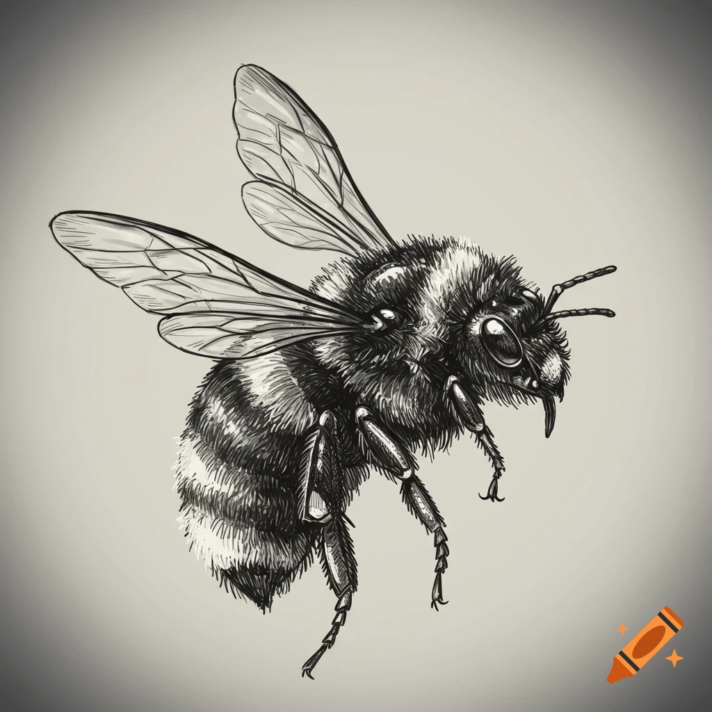 A detailed monochrome sketch of a bumblebee in flight.