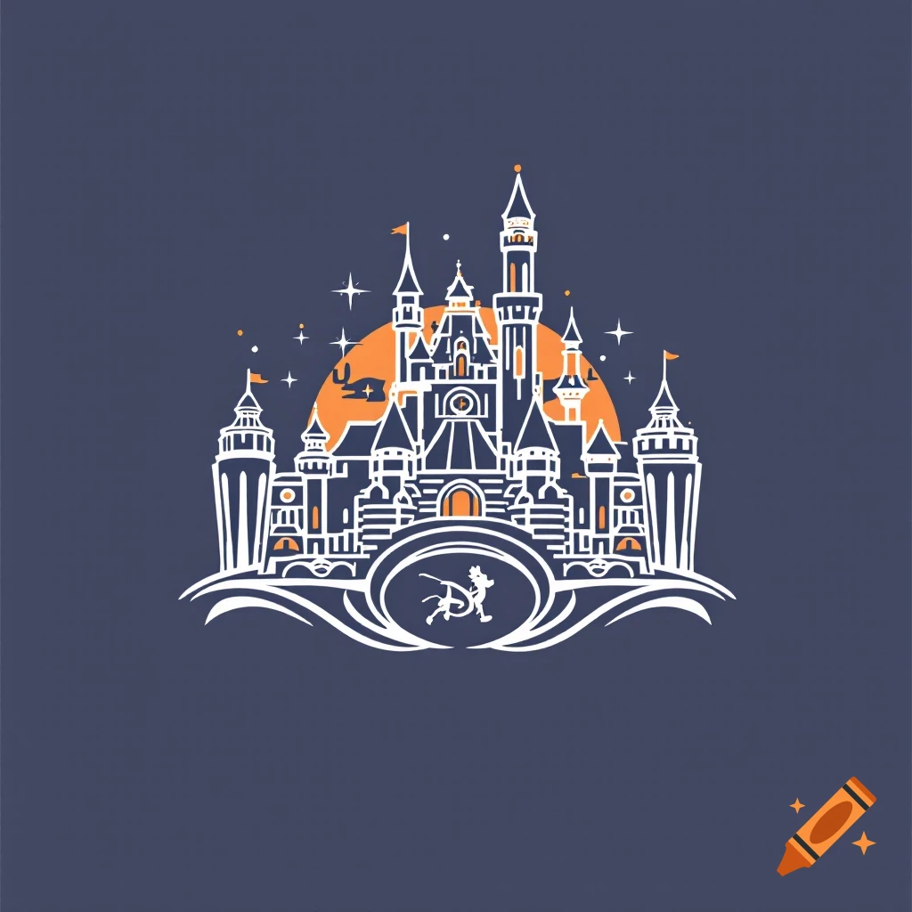 Stylized castle logo with stars and sun/moon behind, featuring a character emblem below, in white and orange on blue.
