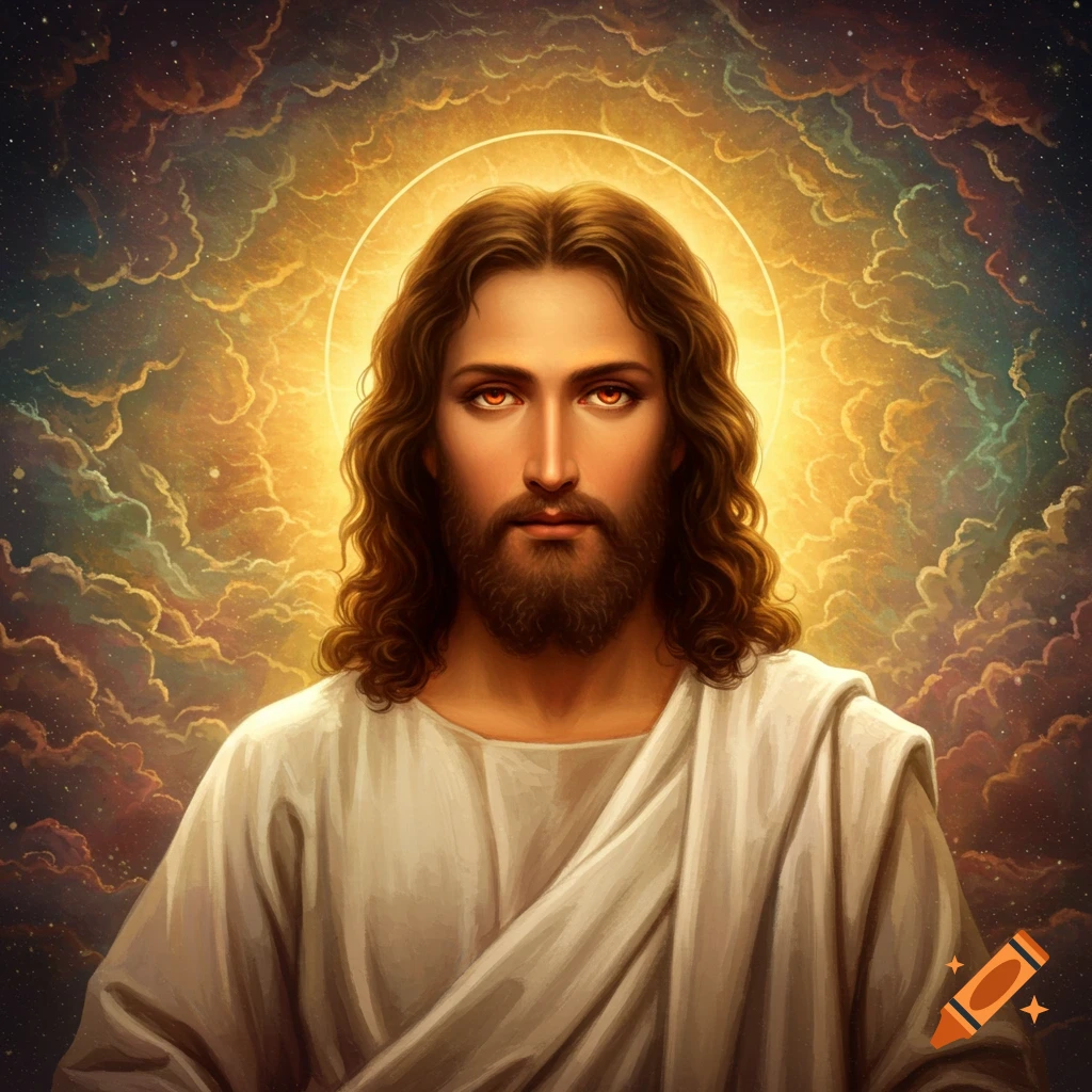 Image of Jesus Christ with fire eyes and a halo against a cloudy, starry sky.