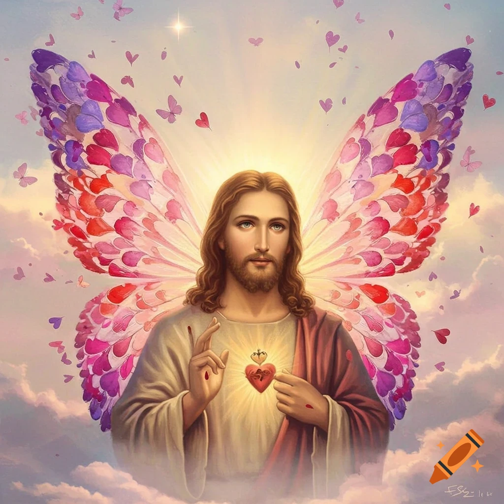 Jesus with butterfly wings made of hearts, floating in clouds