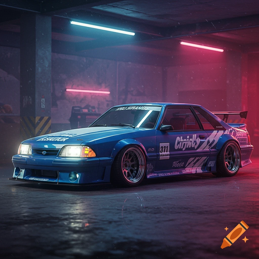 A blue modified Ford Mustang in a dark, wet garage with neon lights.